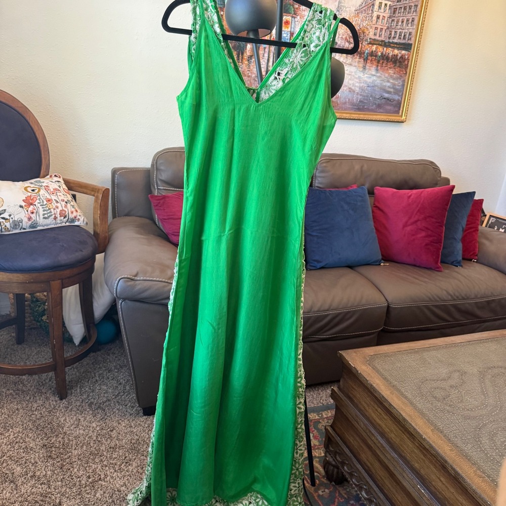 $885 Stella Pardo Paris Organic Cotton Floral Crochet Maxi Dress Green White S - Picture 2 of 15
